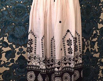 Vintage 1970s Cotton Boho Midi Skirt Festival Hippie India Skirt Black and White Skirt