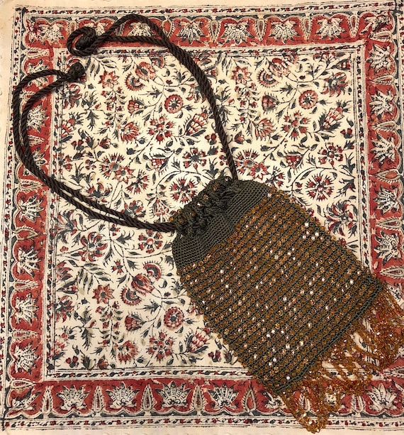 Vintage 1920s 1930s Beaded Bag Pouch Bag Drawstri… - image 1