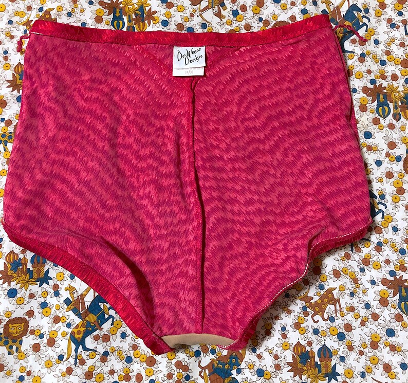 Vintage 1960s 1970s DeWeese Bikini Bottoms Swimsuit Bombshell Red and Pink Novelty Print Bathing Suit Bottoms Retro Pin Up High Waist