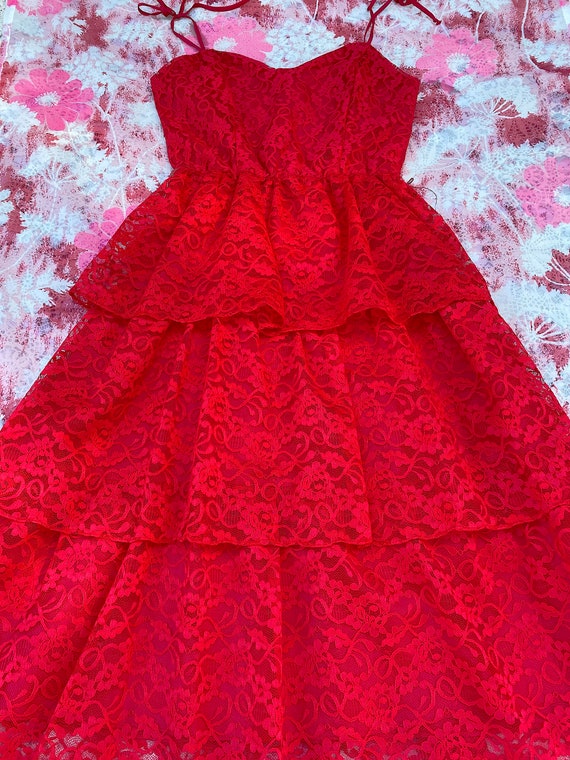 Vintage 1980s Red Lace Tiered Dress by Latitudes … - image 2