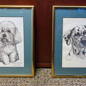 Vintage 1980s 1990s Framed Prints by G. Marlo Allen Crowquill Art 1988 Bichon Frise 1990 Dalmation Dog Litho Prints