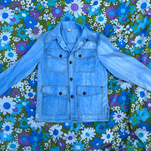 Vintage 1970s Denim Jean Shirt Jacket Button Up Jean Jacket Tie Dye Denim Shirt Retro Boho Bohemian Hippie Unisex Denim