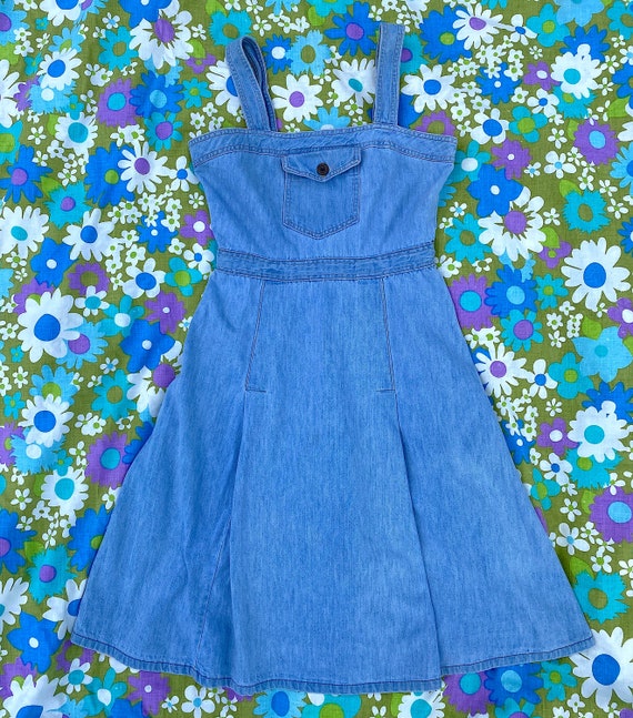 Vintage 1970s 1980s Blue Denim Sundress Boho Bohe… - image 1