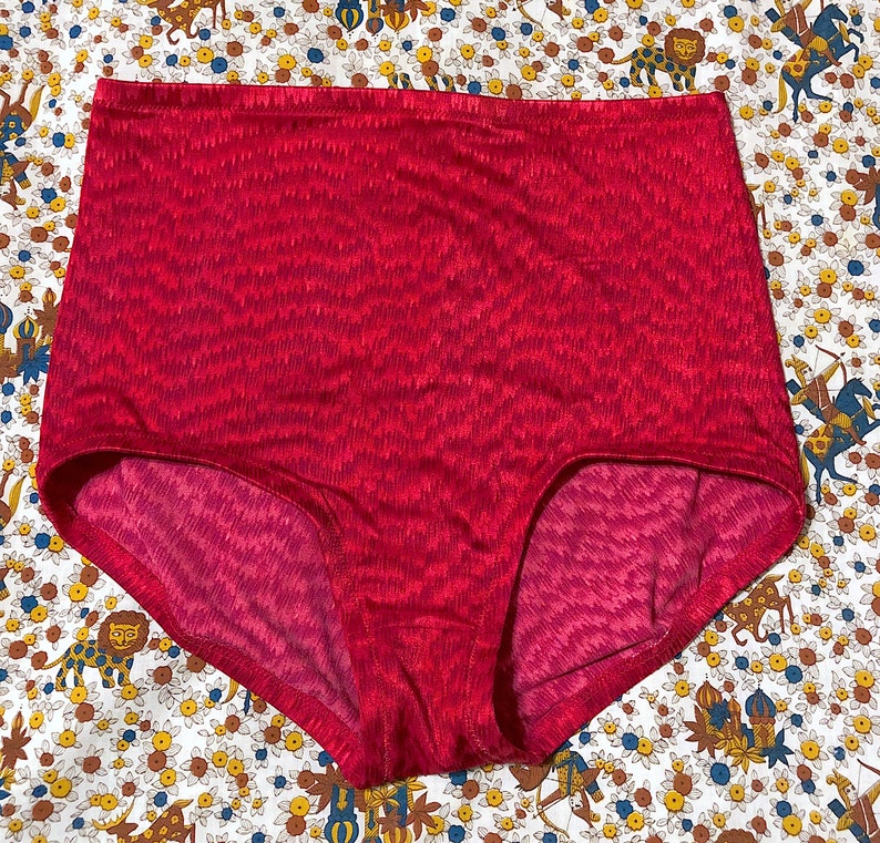 Vintage 1960s 1970s DeWeese Bikini Bottoms Swimsuit Bombshell Red and Pink Novelty Print Bathing Suit Bottoms Retro Pin Up High Waist
