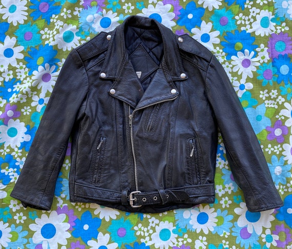 Vintage 1970s 1980s Unisex Kids Leather Motorcycle Jacket Black Leather Jacket Classic Fit Heavy Jacket With Belt and Silver Metal Hardware Etsy