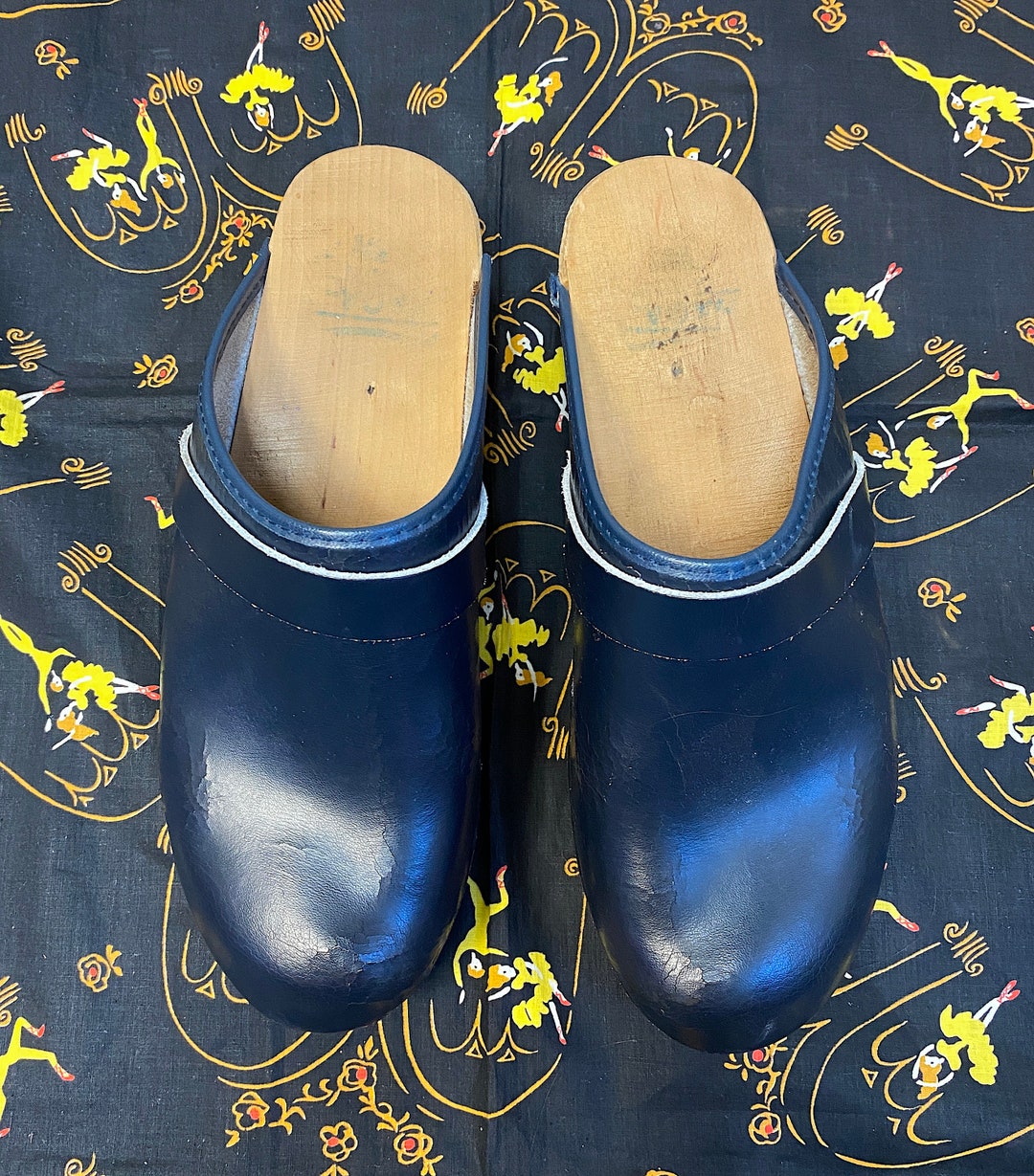 Vintage 1970s Navy Blue Swedish Leather Wooden Clogs Womens Etsy