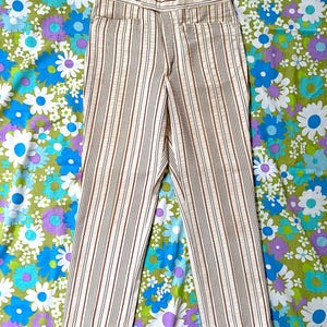 Vintage 1970s Farah Polyester Seersucker Style Striped Pants Hippie Mod Boho Leisure Wear Pants Unisex Disco Party White and Brown Size US S