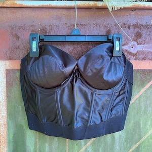 Vintage 1980s Black Boned Bustier Longline Bra Size 34 C by Wonderbra Padded Cups Satin Feel Retro Lingerie