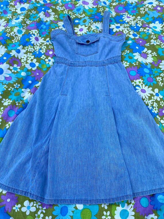 Vintage 1970s 1980s Blue Denim Sundress Boho Bohe… - image 9