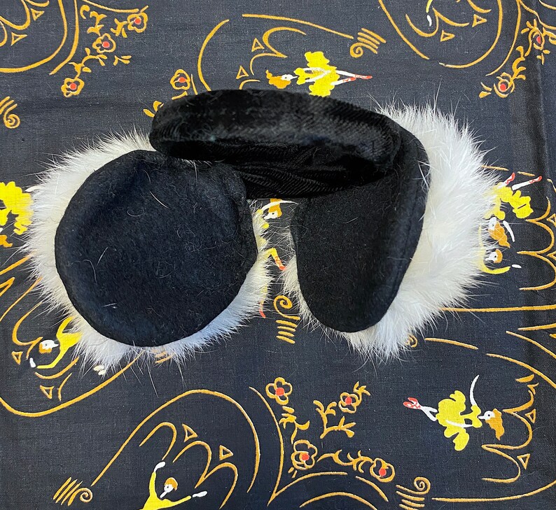 Vintage 1940s 1950s Soft White Rabbit Fur and Black Velvet Childs Winter Set with Fur Cap Ear Muffs and Matching Headband or Bun Wrap image 5