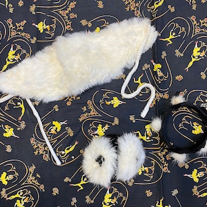 Vintage 1940s 1950s Soft White Rabbit Fur and Black Velvet Childs Winter Set with Fur Cap Ear Muffs and Matching Headband or Bun Wrap image 1