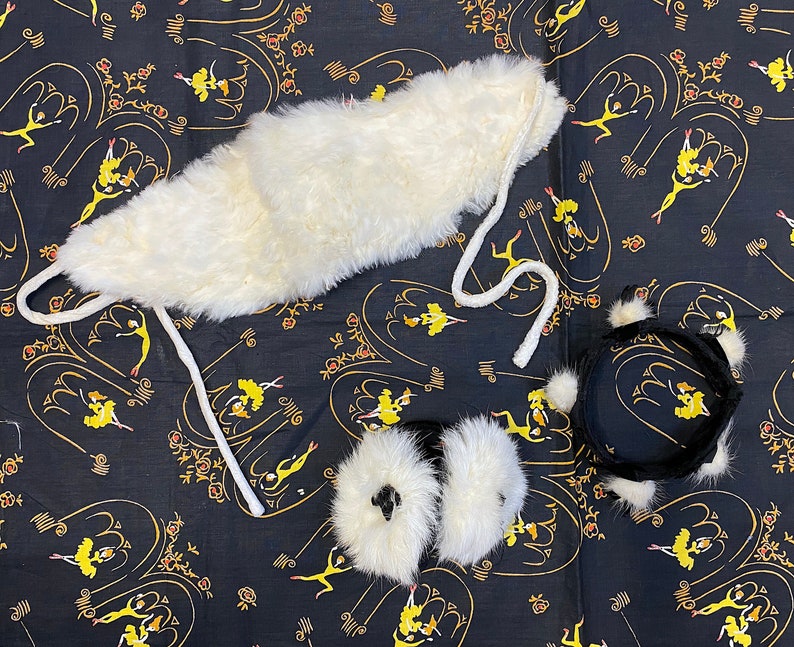 Vintage 1940s 1950s Soft White Rabbit Fur and Black Velvet Childs Winter Set with Fur Cap Ear Muffs and Matching Headband or Bun Wrap image 1