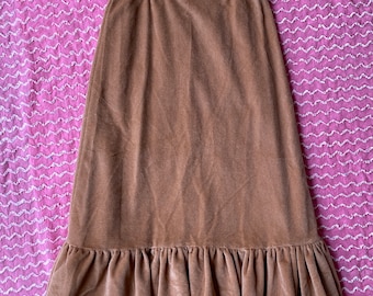 Vintage 1970s Tiered Ruffle Velour Western Prairie Skirt Vintage Flared Prairie Skirt Brown Yoked Midi Skirt