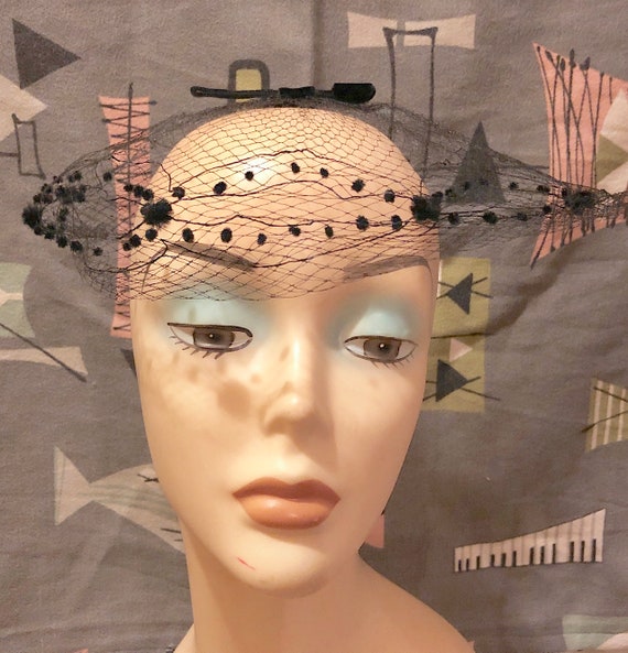 Vintage 1950s 1960s Bird Cage Veil Net Hat Black … - image 1