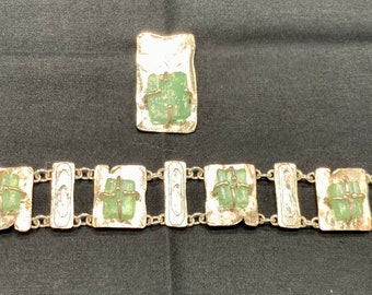 VTG 80s Luli Hammerztein Sterling Silver w Ancient Green Roman Glass Abstract Brutalist Pendant Bracelet Set