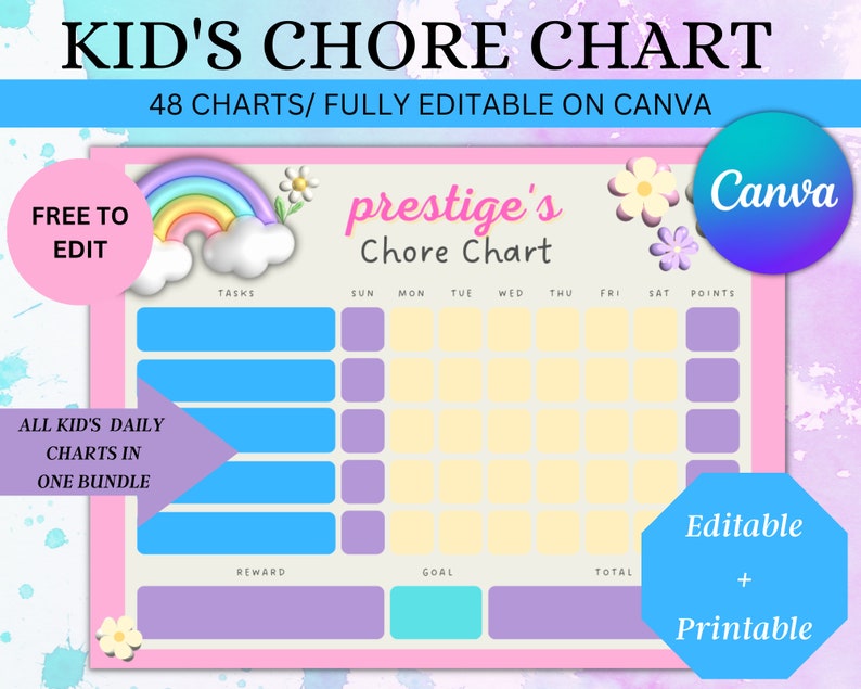 Rainbow Pastel Daisy Daily Chore Chart EDITABLE Routine - Etsy