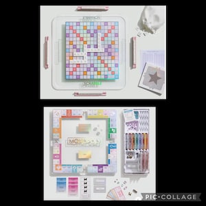 May include: Two board games: Scrabble and Monopoly. The Scrabble board has a colourful grid with the words "AURA GAMES LUXURY" visible. The Monopoly board is in a clear case with game pieces and cards.