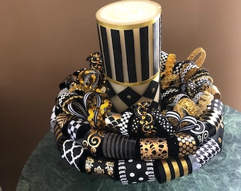 Black, gold, and white Candle ring 10”