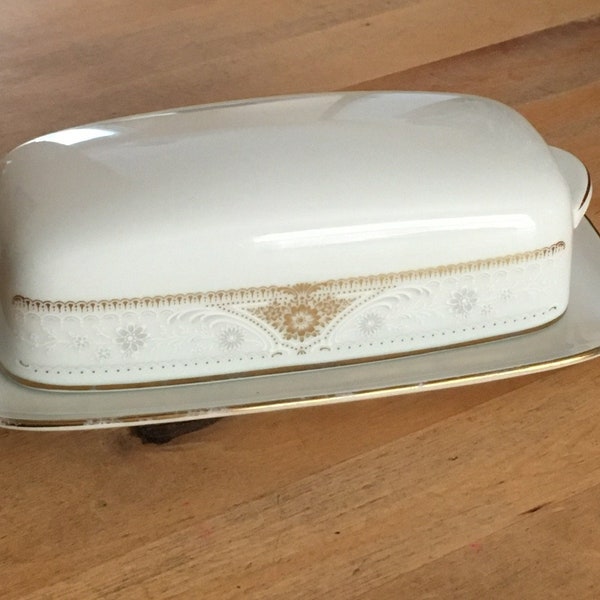 Vintage Noritake Japan Porcelain Butter Dish with Lid, Gold & Silver Floral Pattern