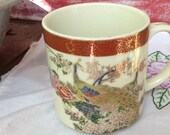 Vintage Satsuma Japan Porcelain Peacocks in Garden Mug Or Cup