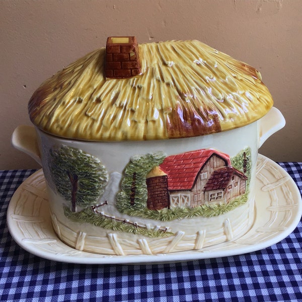 English Cottage w/Thatched Roof Soup Tureen with Underplate Japan