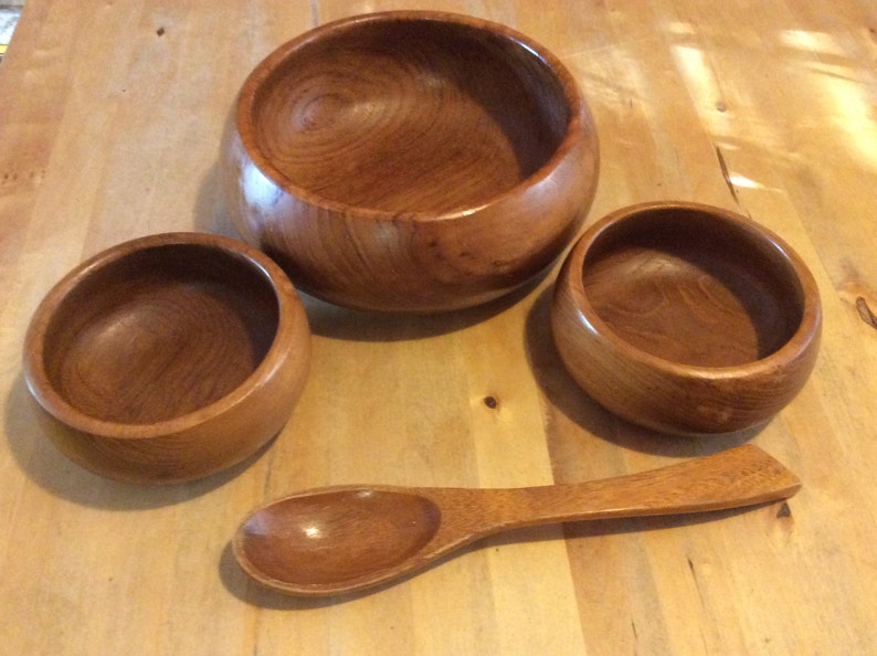 Vintage Teak Wooden Salad Bowl Set Large 2 Small Bowls Image 0