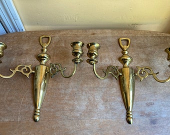 Vintage Pair of Solid Brass Candlestick Wall Sconces, Double Arm Made in England