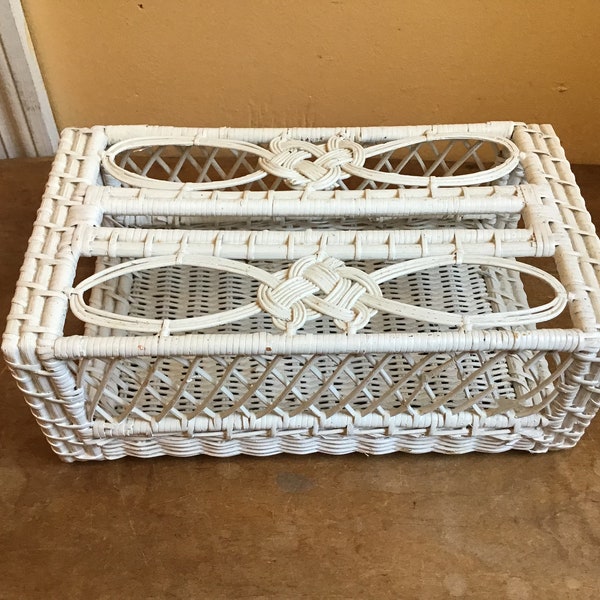 White Wicker Rattan Tissue Box Holder, Shabby Chic Decor