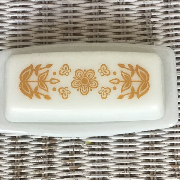 Vintage Pyrex Schmetterling Gold Butter Schale mit Deckel, Milch Glas Geschirr