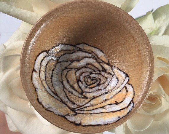Peach Rose Ring bowl. 2.5 inches.  Woodburned and Hand Painted with Gloss Varnish. Gift Wrap Included!!
