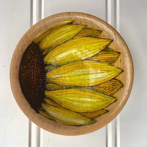 Sunflower ring bowl. 2.5 inches.  Woodburned and Hand Painted with Gloss Varnish. Gift Wrap Included!!