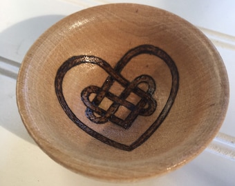 Celtic Heart Knot ring bowl. 2.5 inches.  Hand drawn and Woodburned. Gift wrap Included!!