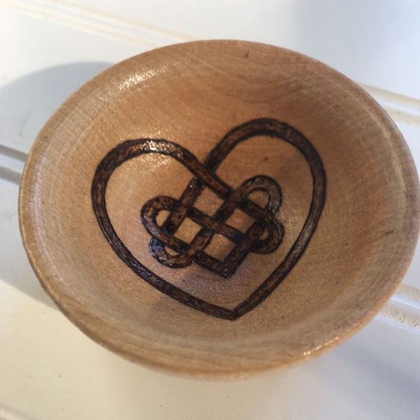 Celtic Heart Knot ring bowl. 2.5 inches.  Hand drawn and Woodburned. Gift wrap Included!!