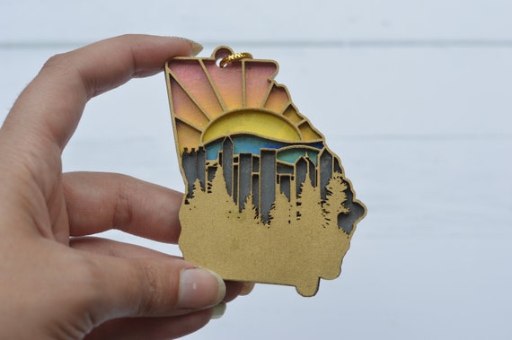 Atlanta Skyline Ornament. Laser Cut, State shaped, Hand Painted.
