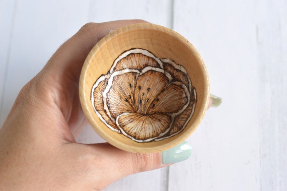 Poppy flower ring bowl. 2.5 inches.  Intricately Woodburned and hand painted Gift Wrap Included!!