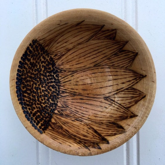 Sunflower Ring Bowl. 2.5 inches.  Woodburned and Finished with Gorgeous Gloss Varnish. Gift Wrap Included!!