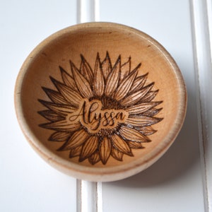Personalize Sunflower Ring Bowl.  2.5 inches Name Engraved and Finished with Gorgeous Gloss Varnish. Gift Wrap Included!!