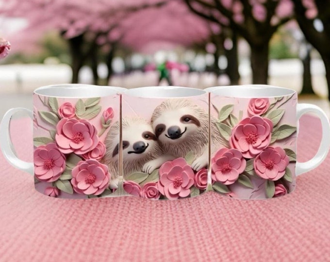 Sloth Hug Mug: Pink Flowers, Animal Lover Gift