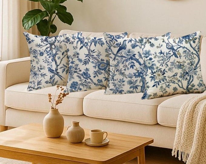 Blue Floral Bird Throw Pillow Cover: French Farmhouse Decor