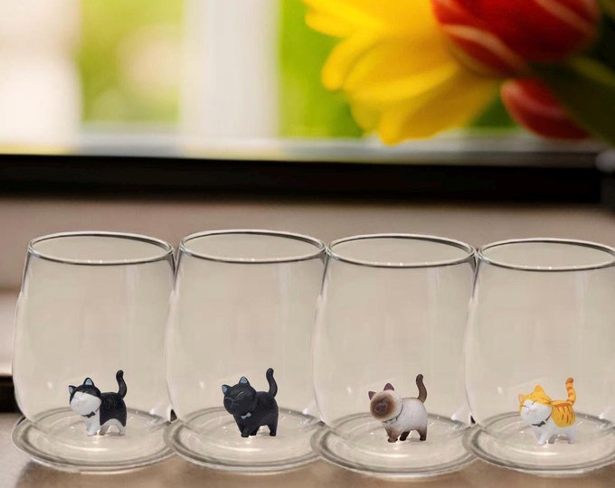 Stemless Wine Glass with Hand-Formed Cat Figurine: Funny Wine Lover Gift
