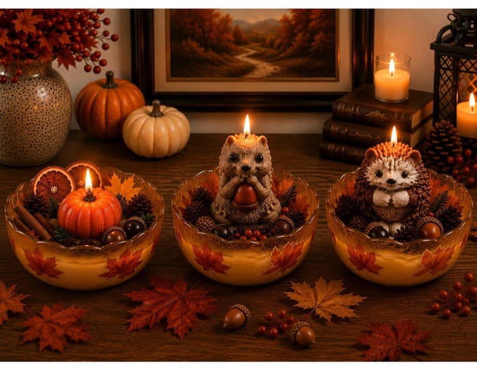 Fall Pumpkin, Squirrel and Hedgehog Candle, Luxury Autumn Bowl Candle, Pumpkin Spice Decor, Harvest Candle Gift