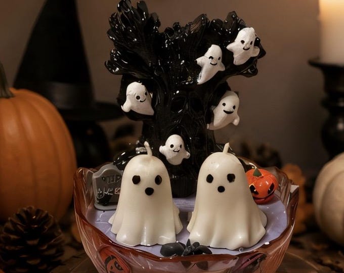 Handmade Ghost Halloween Candle, Haunted Tree Scene, Spooky Decor