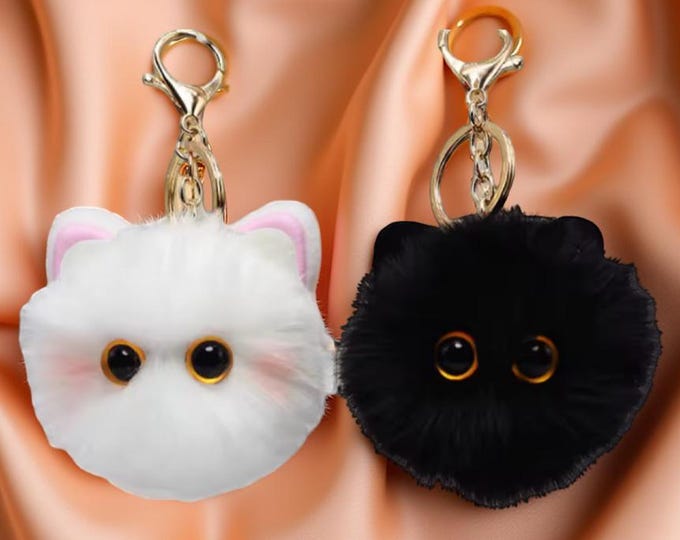 Adorable Kitty Charm Bag Clip with Pom Pom Keyring for Women Purse Cat Present Phone Holder Gold Clasp Plush Feline Gift Birthday Cat Lovers