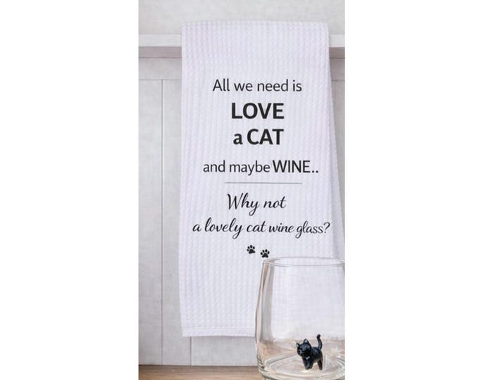Cat Lover Gift Set | Waffle Kitchen Towel & Cat Wine Glass