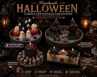 Może przedstawiać: Kolekcja ręcznie robionych świec na Halloween, zawierająca ogród duchów z małymi figurkami, scenę cmentarną z ponurym żniwiarzem, świecę ozdobioną czaszkami oraz prostokątną świecę z czarnymi pająkami i wzorami pajęczyn.
