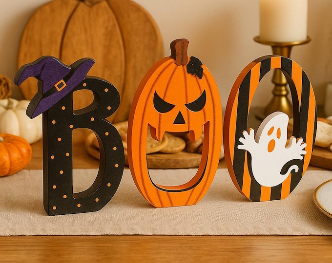 Halloween BOO Sign Set: Wooden Witch, Pumpkin, Ghost Decor