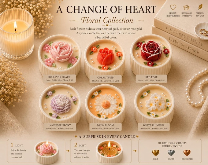 A Change of Heart Floral Collection, Hidden Gold Silver Rose Gold Wax Heart, Luxury Flower Candle, Handmade Gift, Color Reveal Candle