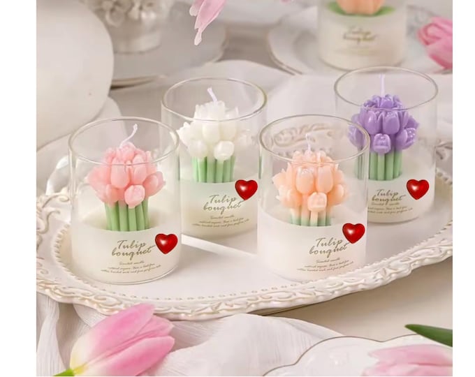 Handcrafted Tulip Flower Candle: Glass Jar Soy Wax Bouquet