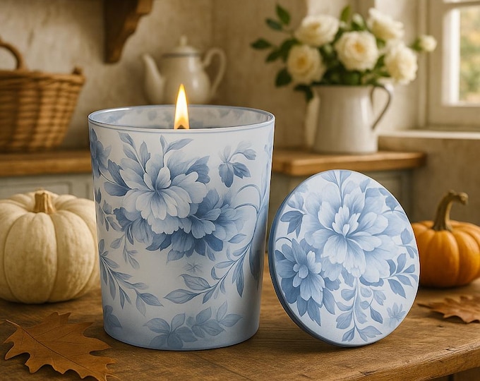 Floral Lavender Scented Candle: Blue Chinoiserie Glass Container