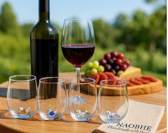 Stemless Wine Glasses with Handcrafted Glass Birds - Set of 4